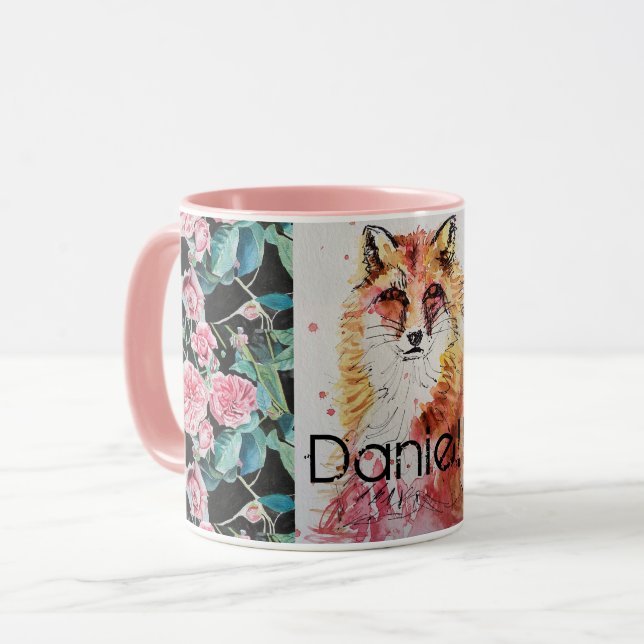 Cute Red Fox Watercolor Rosa ros Girls Dam Mugg (Framsida vänster)