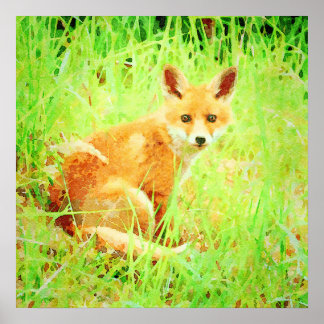 Cute Red Fox Wildlife Watercolor Painting Art Poster