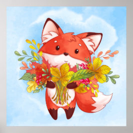 Cute Red Fox with Fall Leaves Poster