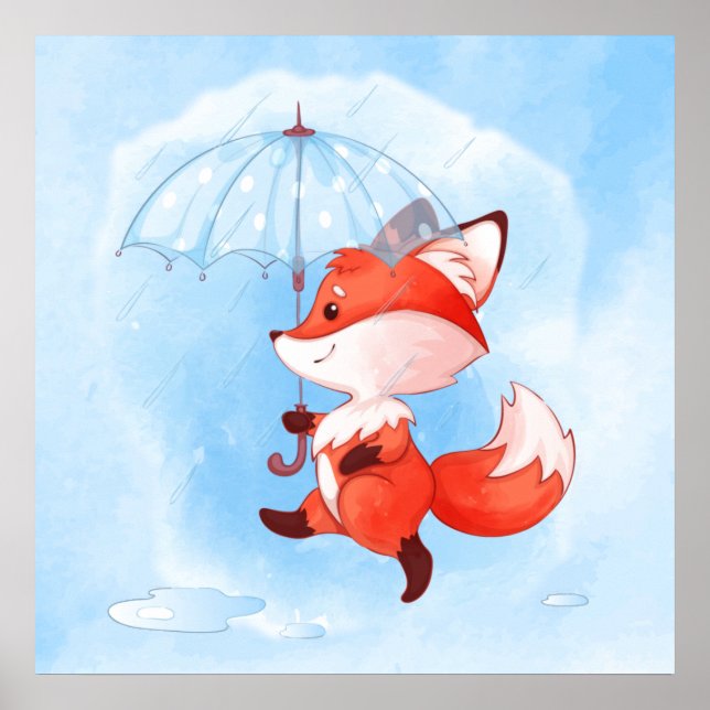 Cute Red Fox with Umbrella Poster (Framsidan)
