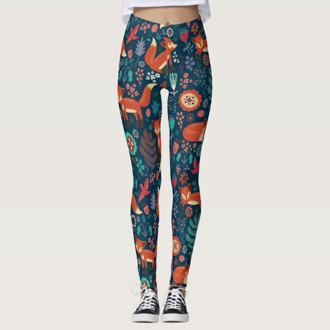 Cute Red Foxes och Flowers Mönster Leggings (Framsida)