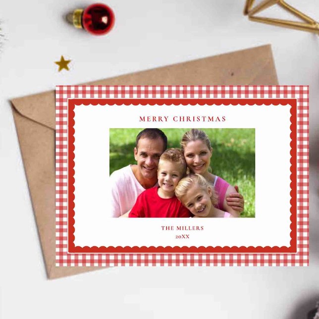 Cute red  gingham Christmas Photo greetings card Julkort (Skapare uppladdad)