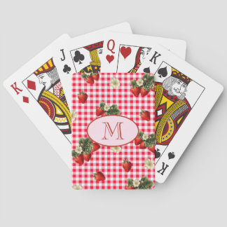 Cute Red Gingham Strawbär Anpassningsbar Monogram Casinokort