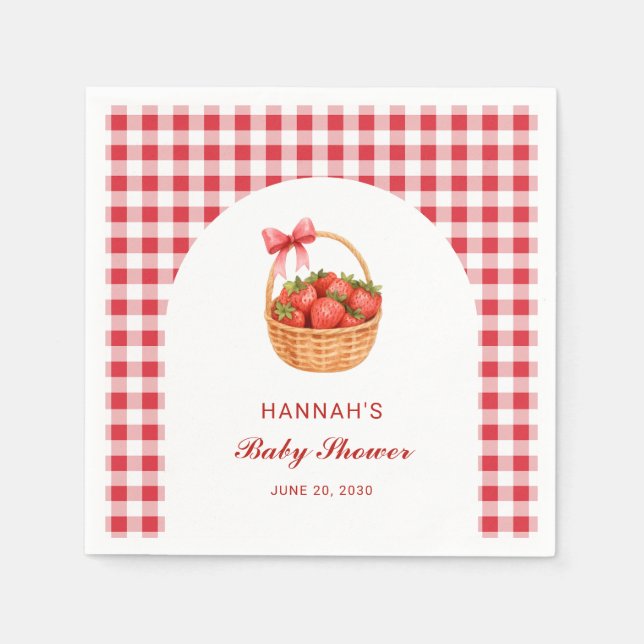 Cute Red Gingham Strawberry Girl Baby Shower Pappersservett (Framsidan)