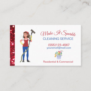 Cute Red Glitter Tecknad Maid Städning Services Visitkort