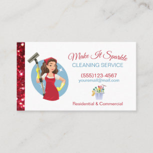 Cute Red Glitter Tecknad Maid Städning Services Visitkort