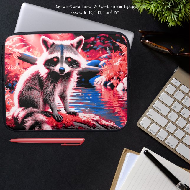 Cute Red Gnistra Forest Crimson-Kissed Raccoon 15  Laptop Fodral (Cute, little crimson-kissed raccoon in the red light forest by a stream laptop sleeves)