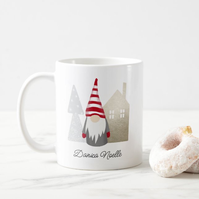 Cute Red Gnome and Village House | Namn-jul Kaffemugg (Med munk)