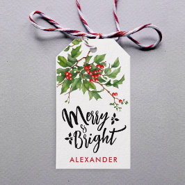Cute Red God jul Mistletoe Namn Watercolor Presentetikett