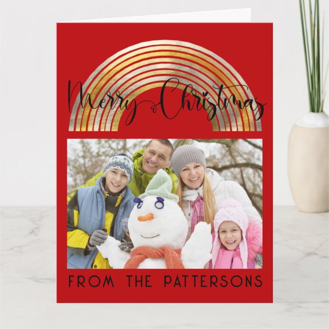 Cute Red Gold Rainbow Family Photo Merry Christmas Kort (Framsida)