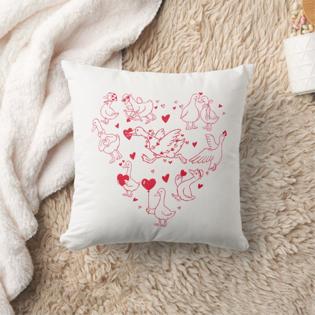 Cute Red Goose Heart Valentine Kudde (Filt)