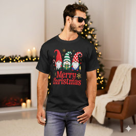Cute Red Green Whimsical Gnome Merry Christmas T Shirt