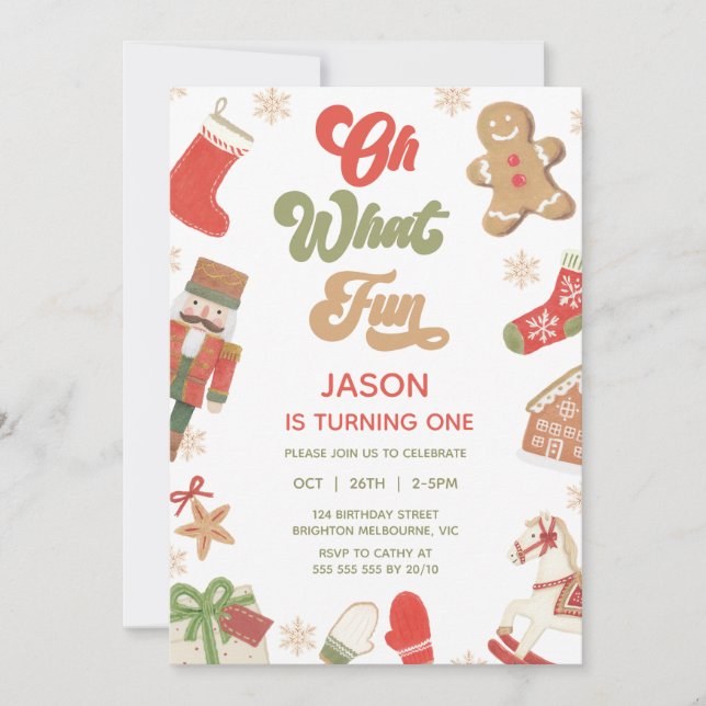 Cute Red Grönt Boys Oh What Roligt Birday Inbjudningar (Framsida)