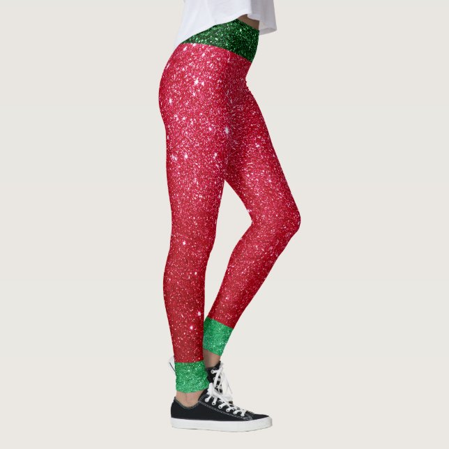 Cute Red Grönt Glitter Santas Outfit Jul Elf Leggings (Höger)