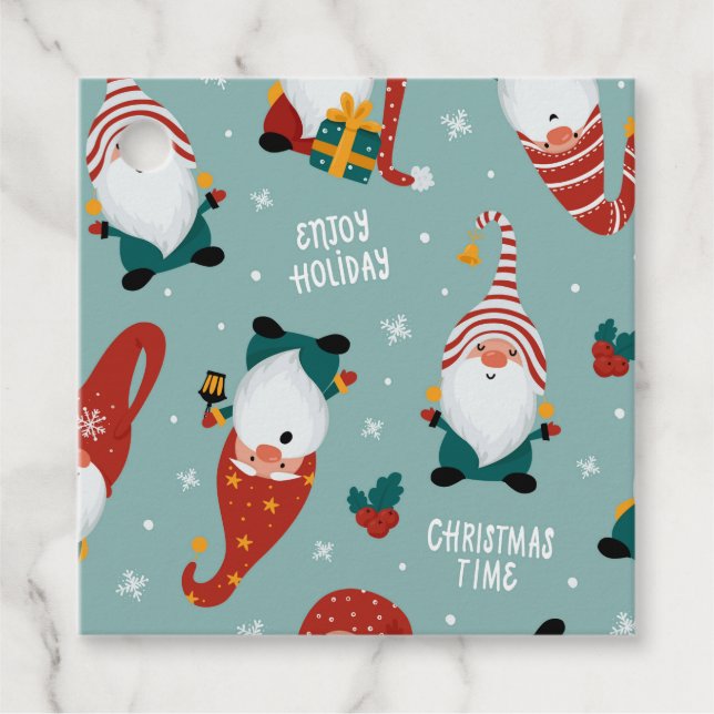 Cute Red Grönt Gult Elf Gnome jul Mönster Gåvor Etiketter (Framsida)