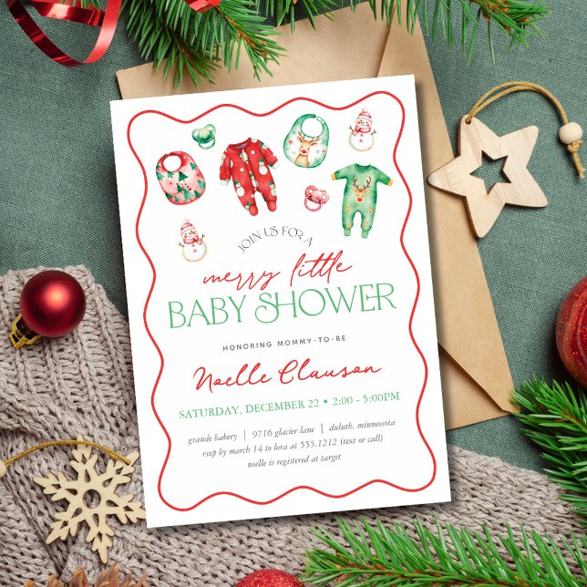 Cute Red Grönt Merry Little jul Baby Shower Inbjudningar (Cute Red Green Merry Little Christmas Baby Shower Invitation)