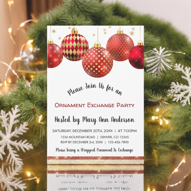 Cute Red & Guld Gnistra Ornament Exchange Party Inbjudningar (Skapare uppladdad)