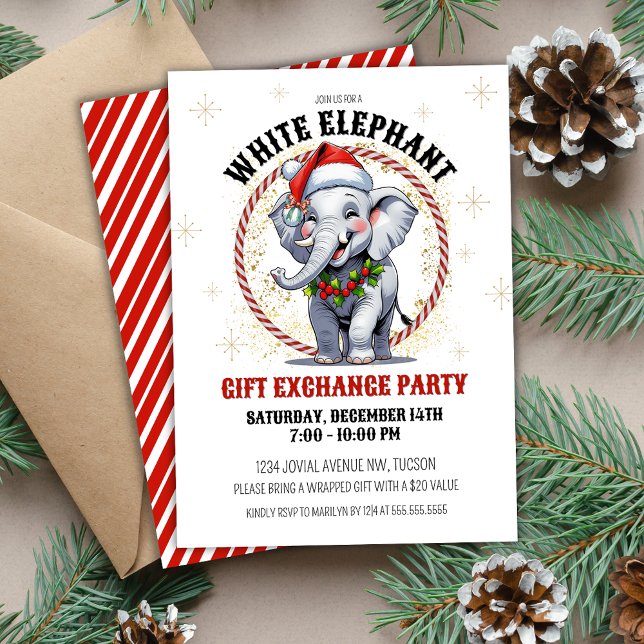 Cute Red Guld Helgdag White Elephant Gift Exchange Inbjudningar (Cute white elephant holiday party invitations for corporate office or small group gift exchange)