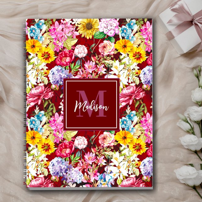 Cute Red gult elegant Blommigt monogram Anteckningsbok (Skapare uppladdad)