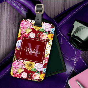Cute Red gult elegant Blommigt monogram Bagagebricka