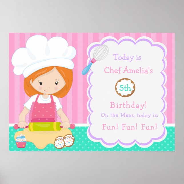Cute Red Hair Girl Baking Birthday Poster (Framsidan)
