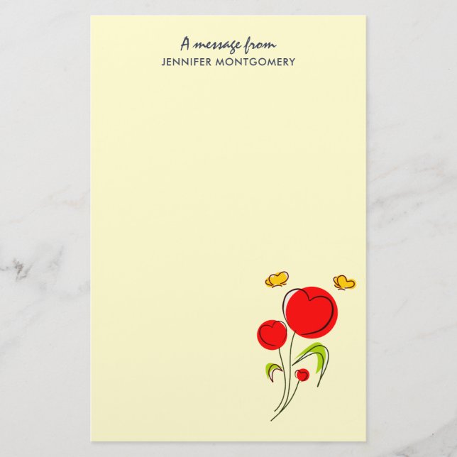 Cute Red Heart Flolies och Gult Butterflies Brevpapper (Framsida)