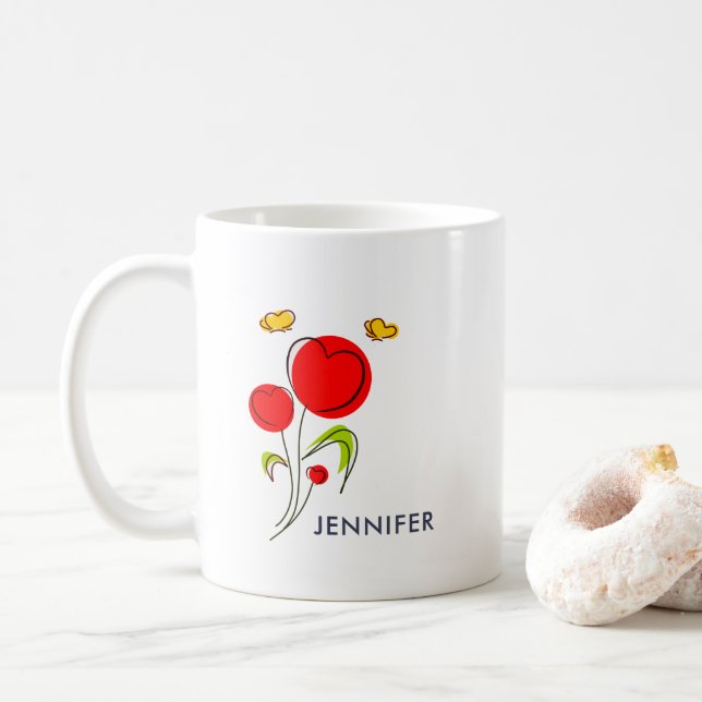 Cute Red Heart Flolies och Gult Butterflies Kaffemugg (Med munk)
