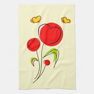 Cute Red Heart Flolies och Gult Butterflies Kökshandduk