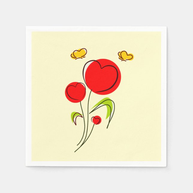 Cute Red Heart Flolies och Gult Butterflies Pappersservett (Framsidan)