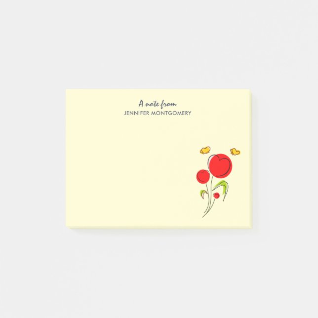 Cute Red Heart Flolies och Gult Butterflies Post-it Block (Framsida)