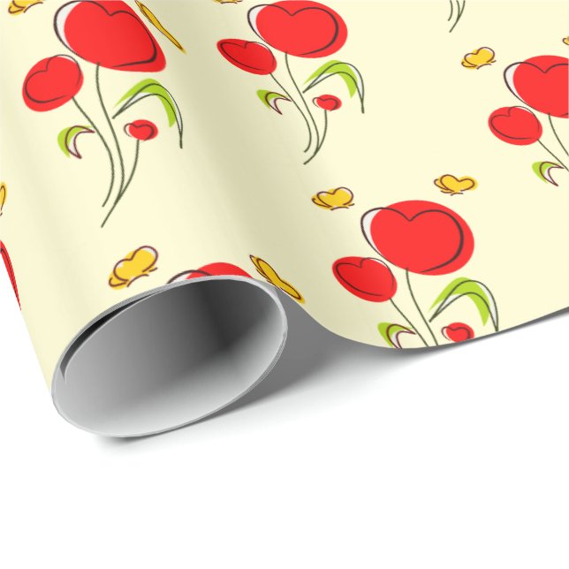 Cute Red Heart Flolies och Gult Butterflies Presentpapper (Rullad Hörn)