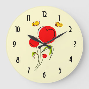 Cute Red Heart Flolies och Gult Butterflies Stor Klocka