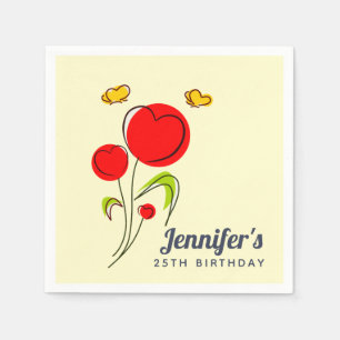 Cute Red Heart Flowers Illustration Birthday Pappersservett