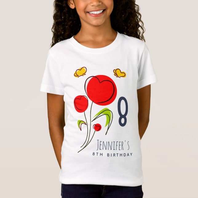 Cute Red Heart Flowers Illustration Birthday T Shirt (Framsida)