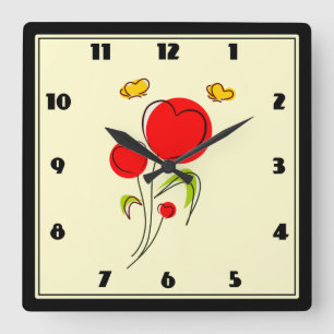 Cute Red Heart Flowers och Gult Butterflies Fyrkantig Klocka