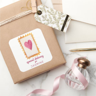 Cute Red Heart Frimärke Speciell Delivery Valentin Fyrkantigt Klistermärke