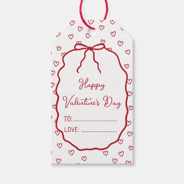 Cute Red Hearts and Bow Anpassningsbar Valentine D Presentetikett (Framsidan)