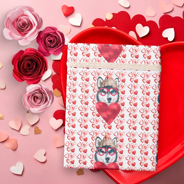 Cute Red Hearts Husky Hund älskare Valentine Presentpapper (Skapare uppladdad)