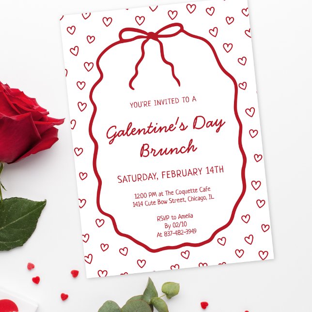 Cute Red Hearts med Bow Galentine Day Party Inbjudningar (Skapare uppladdad)