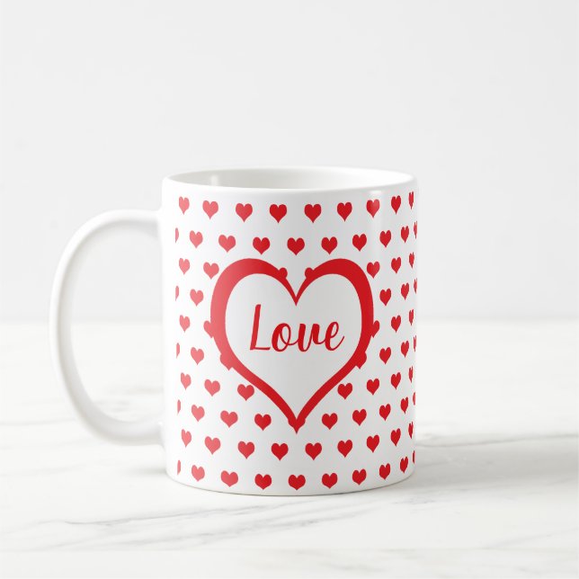 Cute Red Hearts med Red & White Hearts Monogram Kaffemugg (Vänster)