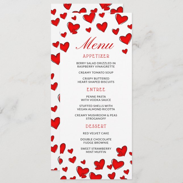 Cute Red Hearts Valentines day Menu Meny (Fram/baksida)