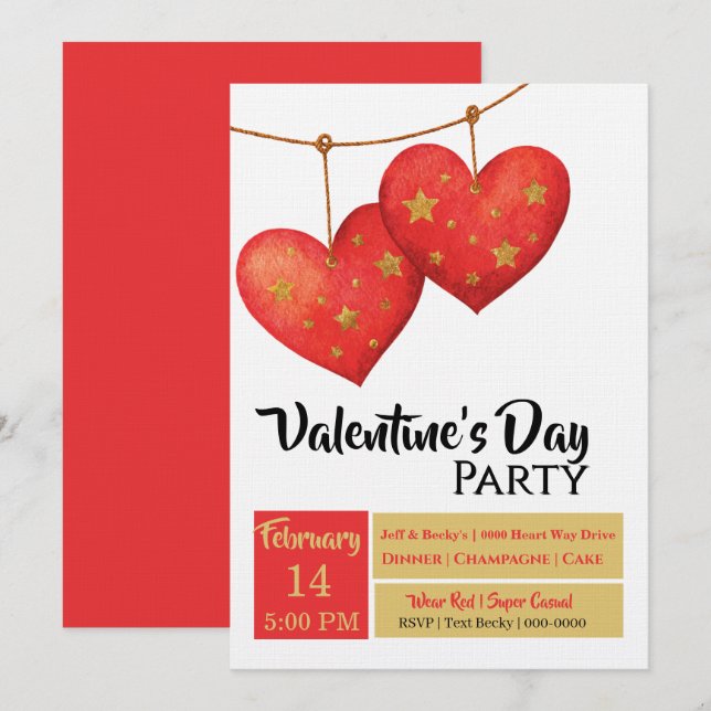 Cute Red Hearts Valentines Day Party Inbjudningar (Fram/baksida)