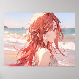 Cute Red Herad Animal Girl på stranden Poster