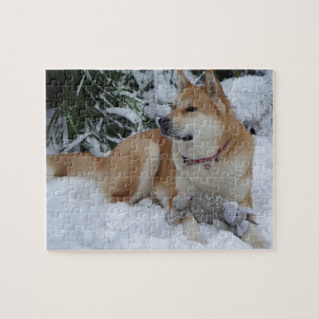 Cute red japanese akita i snö med grått mus pussel (Horisontell)