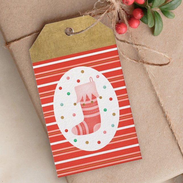 Cute Red-julklapp, Märkre Presentetikett (A cute Christmas holiday gift tag featuring a Christmas stocking)