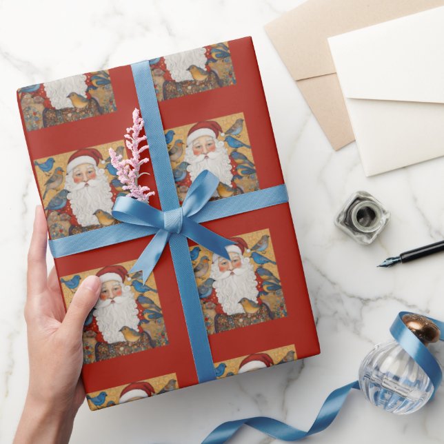 Cute Red Jultomten Bluebirds Presentpapper (Gifting)