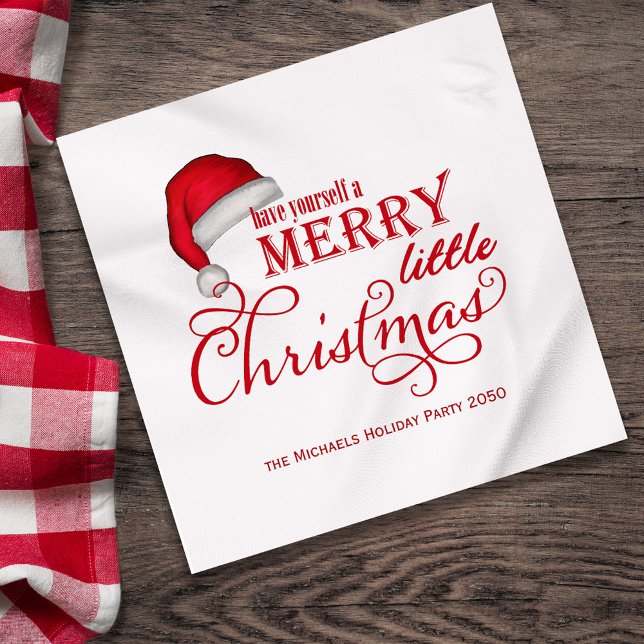 Cute Red Jultomten Hat Anpassningsbar Pappersservett (Have yourself a merry little Christmas holiday custom cocktail napkin,)