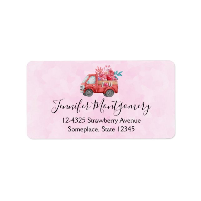 Cute Red Kärlek Lastbil på Rosa - bakgrunden Adressetikett (Framsidan)