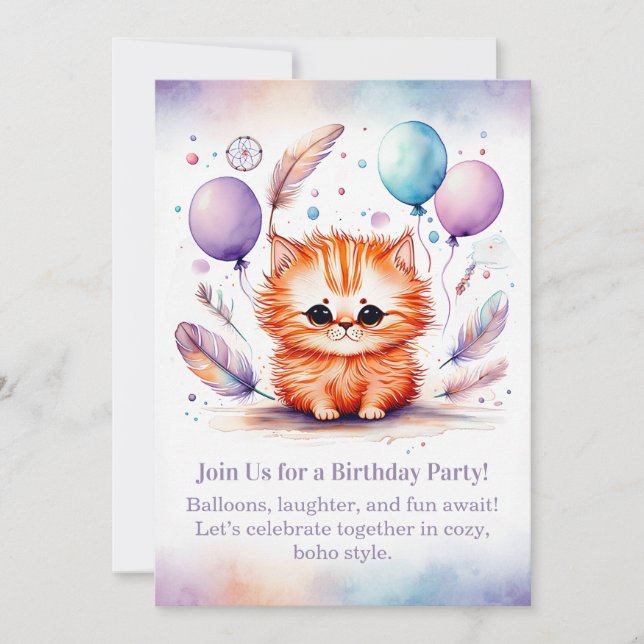 Cute Red Kitten Birthday Invitation Pastel Boho  Inbjudningar (Framsida)