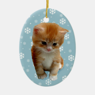 Cute red kitten, snöflingor på blå prydnadsföremål julgransprydnad keramik